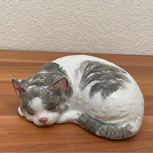 Vintage Gray & White Tabby Cat Porcelain Italian Sleeping Cat Figurine